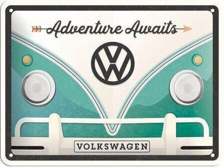 Metalen Wandbord met reli&euml;f - Volkswagen VW Bulli Adventure Awaits - 15 x 20 cm